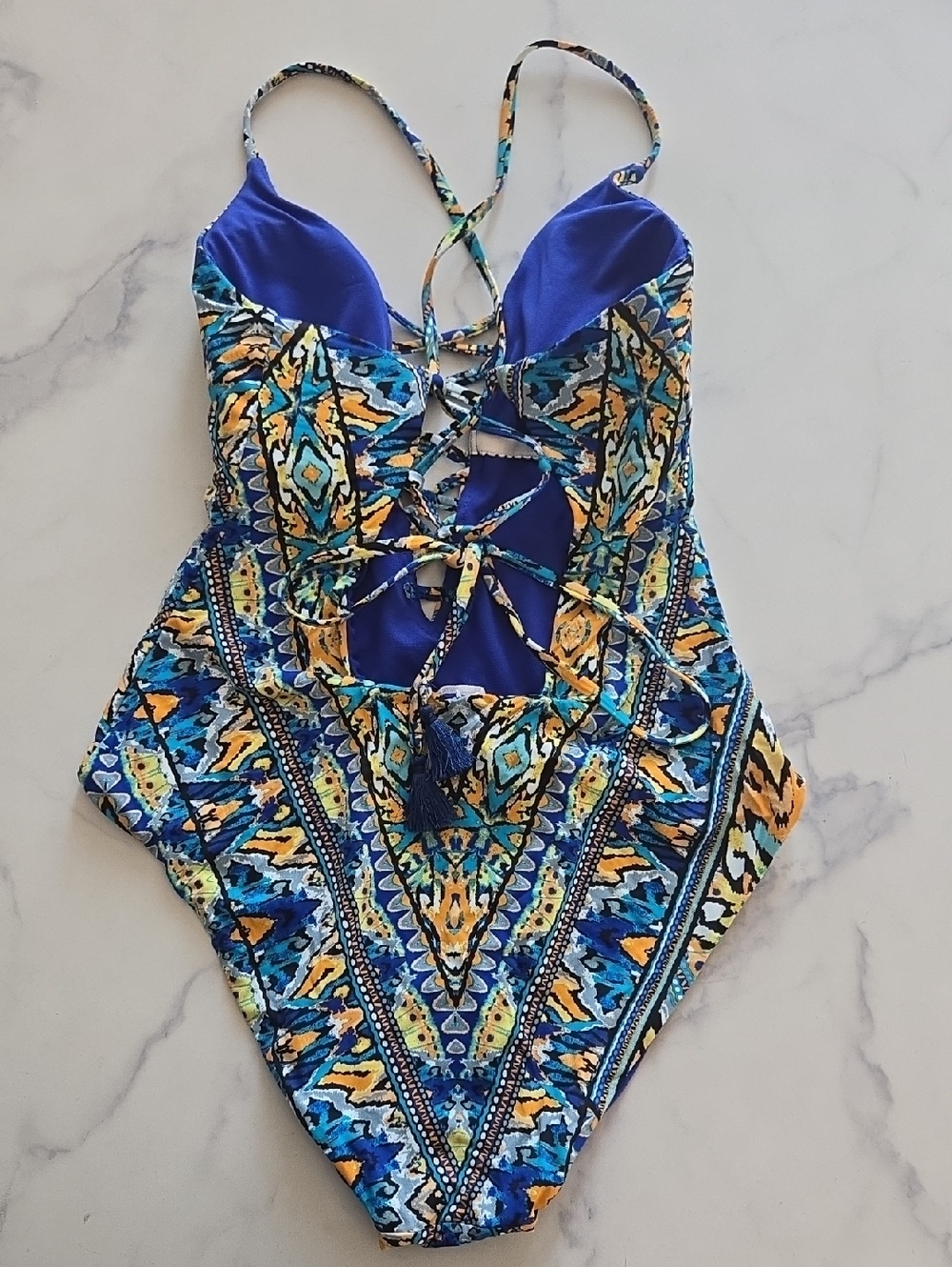 Bar III Women's Monarchy Tribal-Print Tassel Lace-Up One-Piece Swimsuit Sz:S NWT - Picture 5 of 11